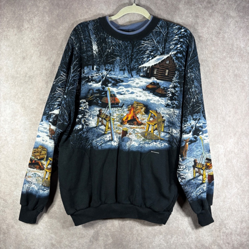 Vintage Art Unlimited Sweatshirt Mens XL Black Cabin Winter Scene Graphic Fleece